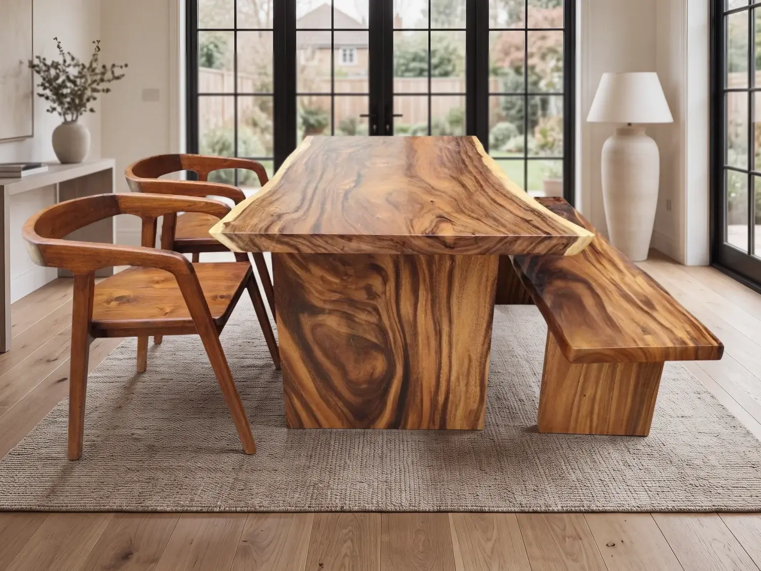 Wooden dining table and chairs in a warm modern living room created with Zemqo