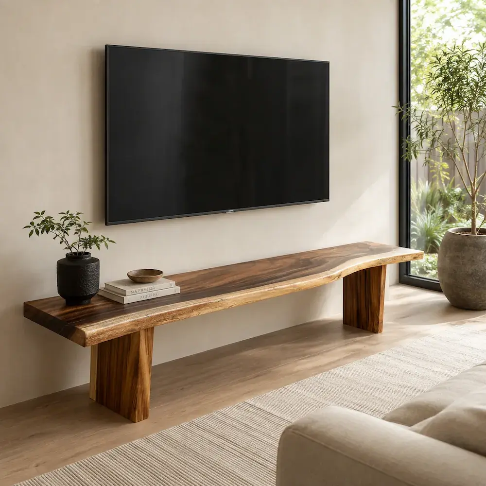 Live-edge wooden console presented in a modern interior